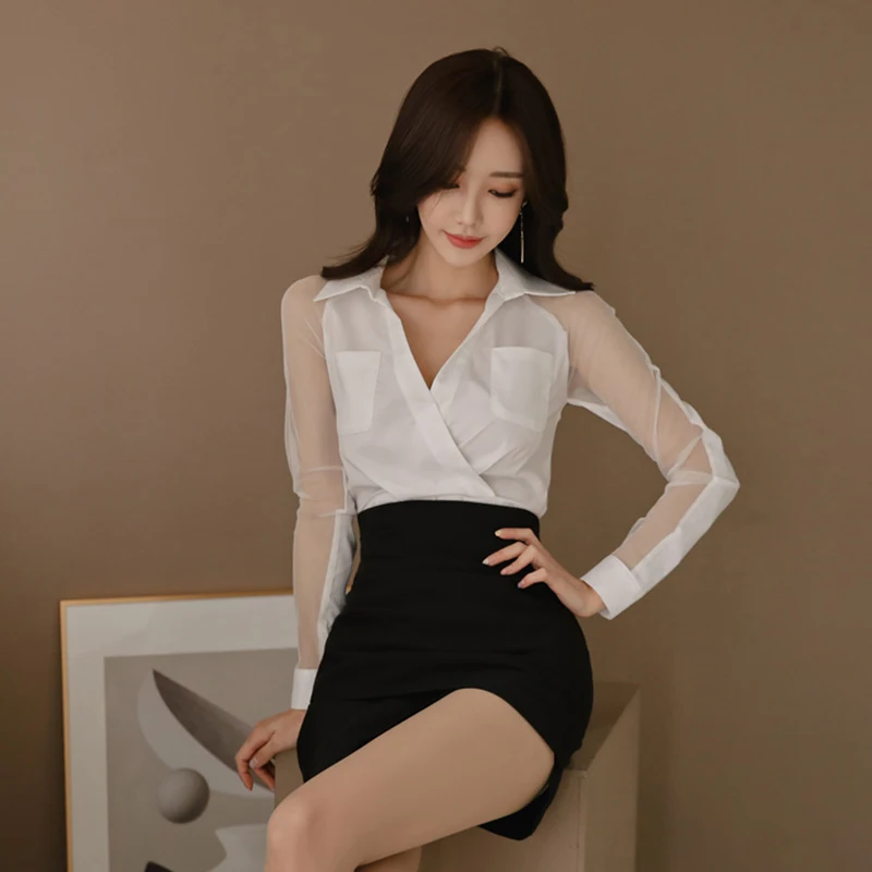 Office Ladies Women 2 Pieces Suits Mesh Patchwork White Shirt Top & Irregular Sheath Bodycon Short Skirt Work Wear Set 2020 | Женская
