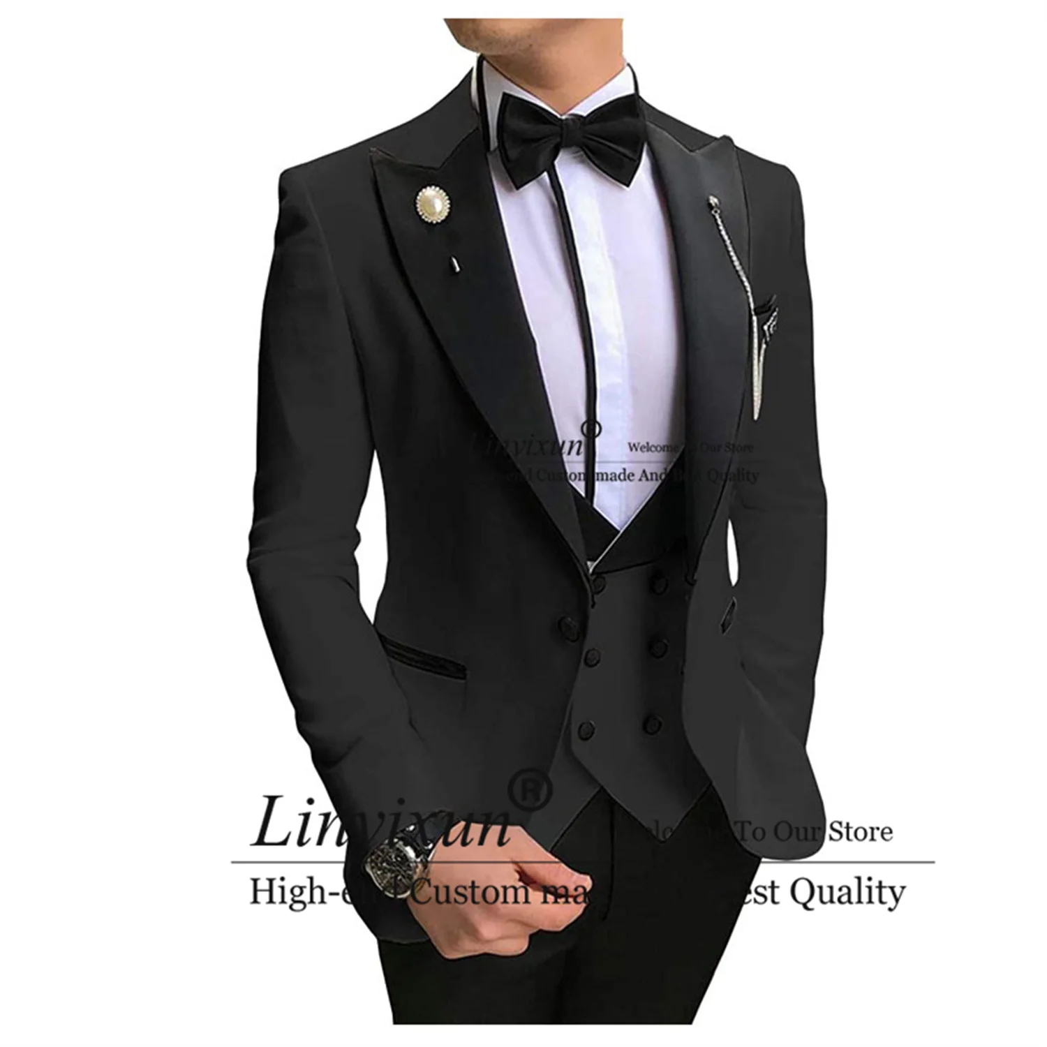 

Черный мужской костюм с отложным воротником, свадебные смокинги для жениха, Лучший товар для выпускного вечера, 3 предмета, куртка, жилет, брюки, комплект