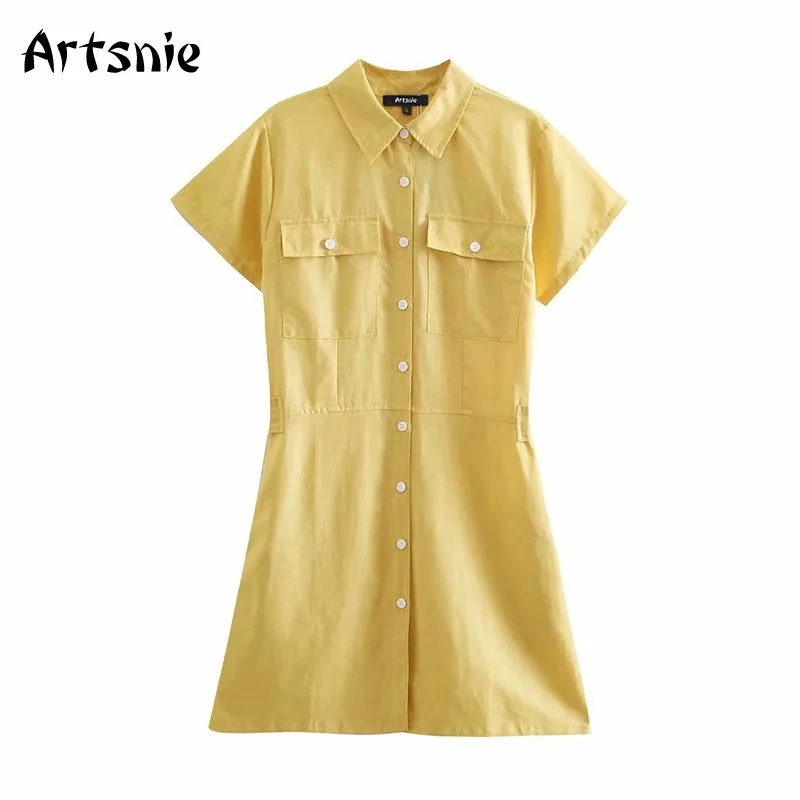 Artsnie Лето 2021, высокая талия, короткое ТРАПЕЦИЕВИДНОЕ платье для женщин, отложной воротник, короткий рукав, карманы, Желтые мини платья Vestidos 
Artsnie Лето 2021, высокая талия, короткое ТРАПЕЦИЕВИДНОЕ платье для женщин, отложной воротник, короткий рукав, карманы, Желтые мини платья Vestidos
