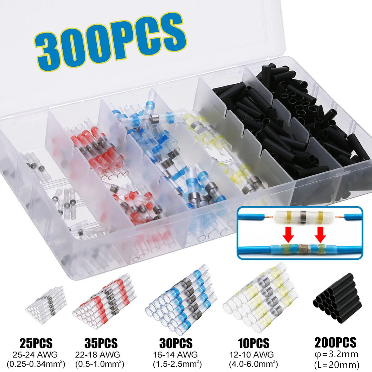 300Pcs Heat Shrink Solder Sleeves Terminal Waterproof Electrical Wire Cable Butt Splice Insulated Connector Assortment Kit 
300Pcs Heat Shrink Solder Sleeves Terminal Waterproof Electrical Wire Cable Butt Splice Insulated Connector Assortment Kit