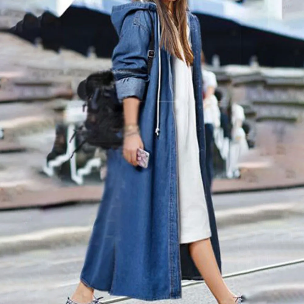 Women Long Denim Trench Coat Fashion Solid Long Sleeve Patchwork Hooded Collar Cardigan Single-breasted Loose Winter Lady Coat
Women Long Denim Trench Coat Fashion Solid Long Sleeve Patchwork Hooded Collar Cardigan Single-breasted Loose Winter Lady Coat