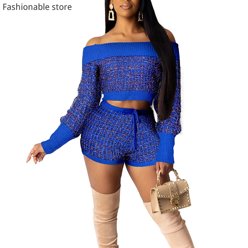 Women Winter Autumn 2pcs Suit Slash Neck Off Shoulder Long Sleeve Sweater and High Waist Lace-up Knitted Shorts Set
Women Winter Autumn 2pcs Suit Slash Neck Off Shoulder Long Sleeve Sweater and High Waist Lace-up Knitted Shorts Set