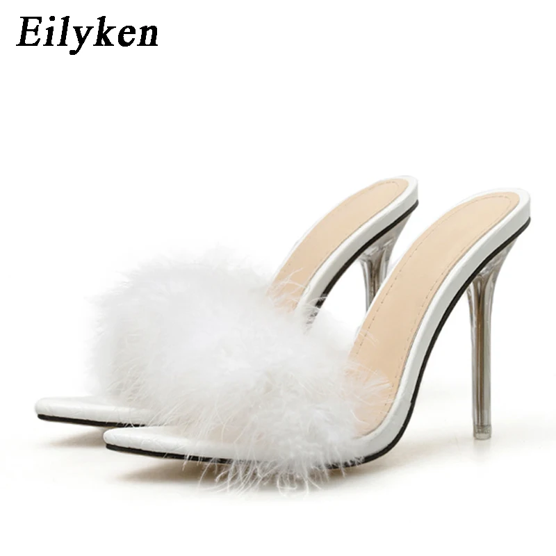 Eilyken 2022 New Transparent Crystal High heels Woman Feather Fur Slippers Pumps Women Peep toe Mules Lady Slides White | Обувь