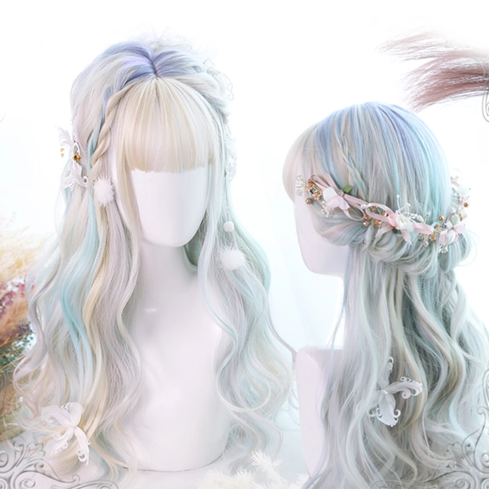 

Cosplay Mix Lolita 60CM Aurora Mixed Color Long Wavy Synthetic Party Cosplay Wig With Bang +Wig Cap Heat Resistant