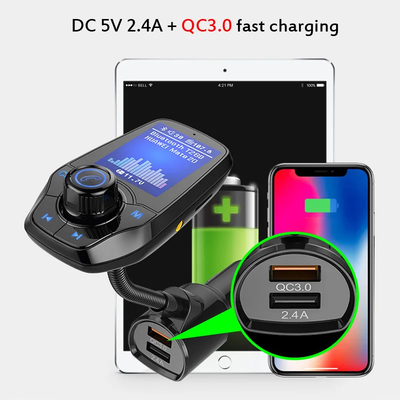 Big Screen Dual USB FM Transmitter Aux Modulator Bluetooth Car MP3 player Quick Charge 3.0 Charger Kit Fast Phone | Мобильные