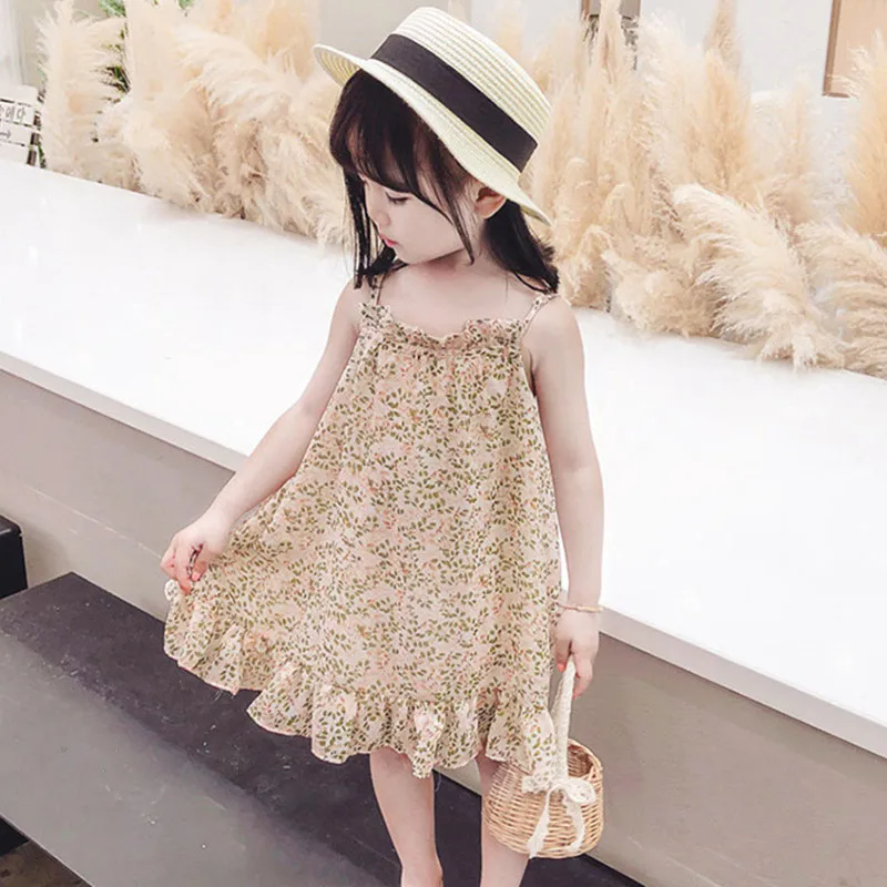 

DFXD New 2020 Summer Girls Floral Sling Dress Korean Style Fashion Ruffles Princess Dress Toddler Clothes For 1-7T Kids Vestido
