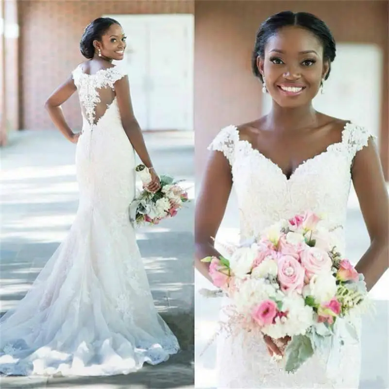 Capped Lace Applique V Neck Wedding Dresses Tulle Mermaid Long Bridal Gowns Sheer Back Arabic African Pageant Gown 2022
Capped Lace Applique V Neck Wedding Dresses Tulle Mermaid Long Bridal Gowns Sheer Back Arabic African Pageant Gown 2022
