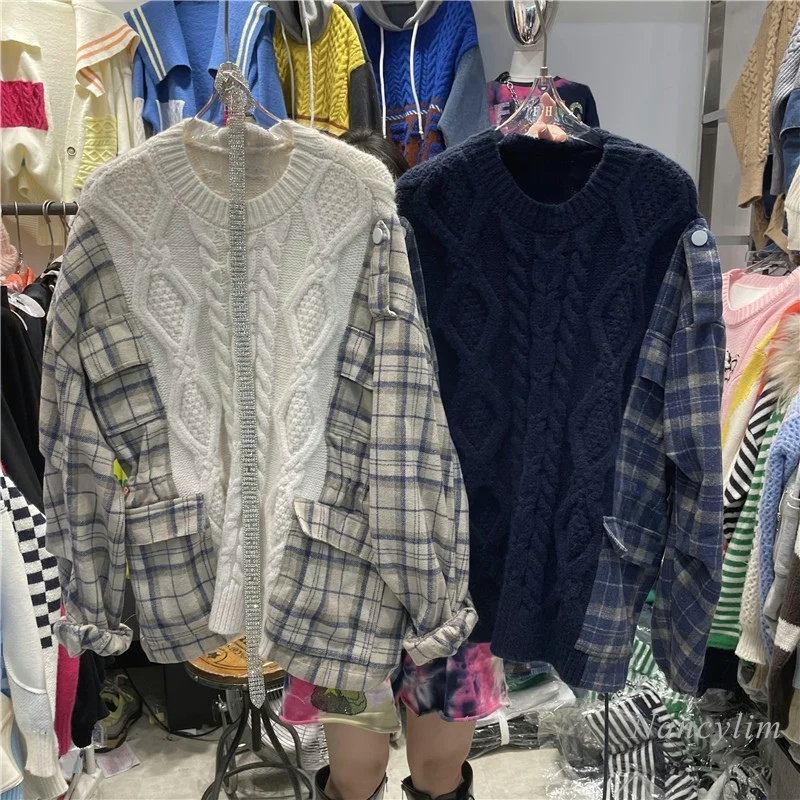 Plaid Sleeve Stitching Sweater Women's Loose Outer Wear All-Matching Lazy Wind Pullovers Female Oversized Top
Plaid Sleeve Stitching Sweater Women's Loose Outer Wear All-Matching Lazy Wind Pullovers Female Oversized Top