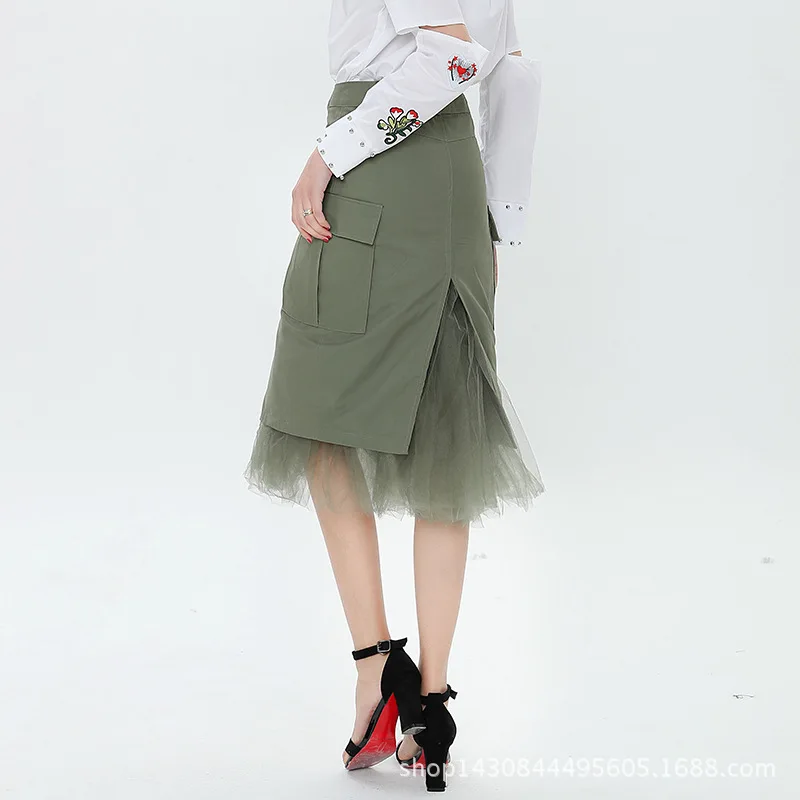 Qooth Patchwork Tulle Skirts High Waist Split Women's Skirt With Pockets Army Green Fashion Clothes Korean Large Size New qh2298 
Qooth Patchwork Tulle Skirts High Waist Split Women's Skirt With Pockets Army Green Fashion Clothes Korean Large Size New qh2298