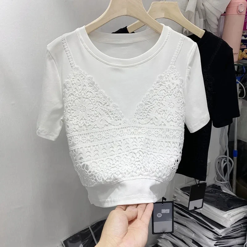 Cotton lace stitching round neck fake two short sleeve T-shirt women's 2022 summer new top P3 638
Cotton lace stitching round neck fake two short sleeve T-shirt women's 2022 summer new top P3 638