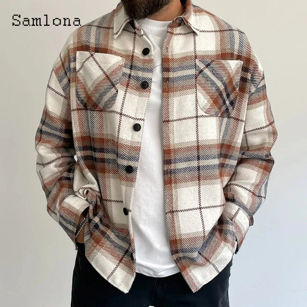 Samlona Long Sleeve Fashion Plaid Shirt Lepal Collar Mens Blouse Sexy Mens clothing 2021 Single-breasted Top Streetwear Homme
Samlona Long Sleeve Fashion Plaid Shirt Lepal Collar Mens Blouse Sexy Mens clothing 2021 Single-breasted Top Streetwear Homme