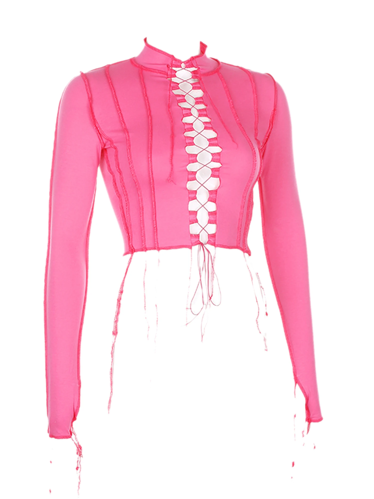 Women Solid Color Stitching Shirts Tops High Neck Long Sleeve Tie Up Front Hollow Out Tassel Trim Crop Top Lace Up Blouse 2020
Women Solid Color Stitching Shirts Tops High Neck Long Sleeve Tie Up Front Hollow Out Tassel Trim Crop Top Lace Up Blouse 2020