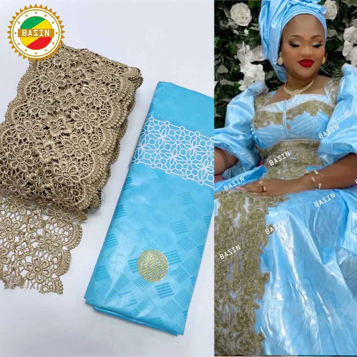 Sky Blue And Gold Ribbon For Craftes With Guipure And Basin Riche Fabric For Wedding Dresses Top Quality Bazin Brocade Lace
Sky Blue And Gold Ribbon For Craftes With Guipure And Basin Riche Fabric For Wedding Dresses Top Quality Bazin Brocade Lace