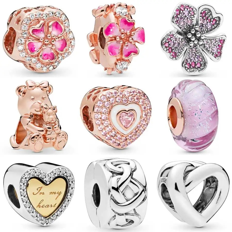 Браслет Pandora из стерлингового серебра 925 пробы QANDOCCI с розовым цветком персика и