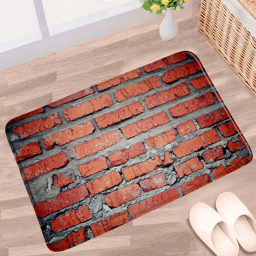

Red Stone Brick Wall Bathroom Mat Vintage Geometric Textured Anti-Slip Rugs Flannel Fabric Toilet Kitchen Entrance Aisle Carpets
