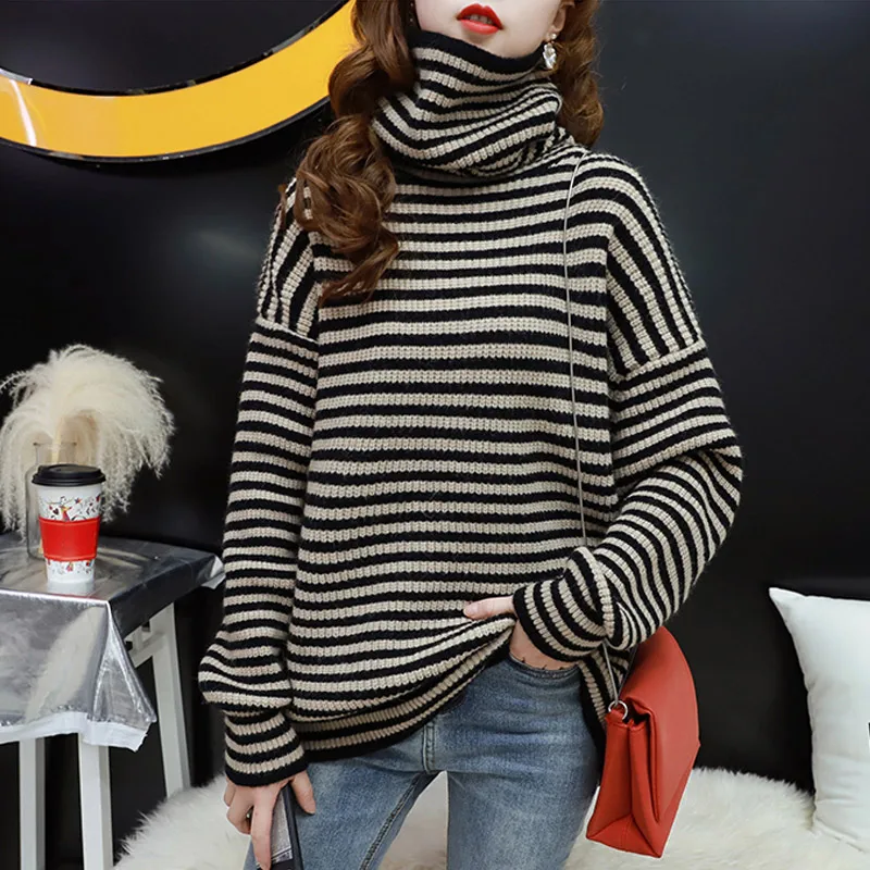 Женский свитер с высоким воротником, свободный джемпер с высоким воротником, осенне-зимние пуловеры в полоску, Женская шикарная трикотажна...
Женский свитер с высоким воротником, свободный джемпер с высоким воротником, осенне-зимние пуловеры в полоску, Женская шикарная трикотажна...