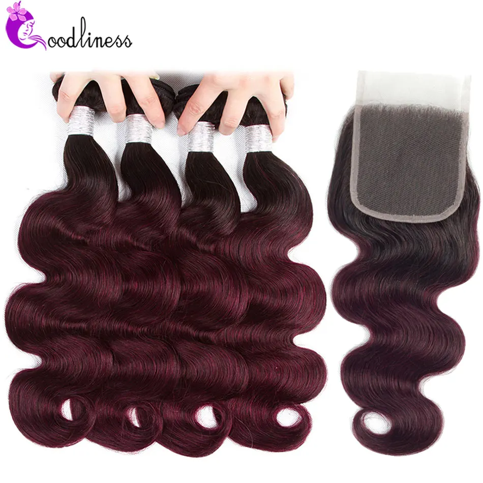 

Ombre Bundles With Closure 1B Burgundy 99j Bundles With Closure Brazilian 4+1 Body Wave Bundles With Closure Remy Pre-Plucked