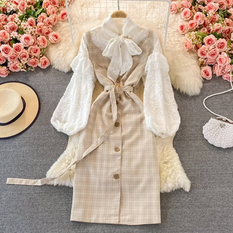 YIZZHOY New Spring Autumn Women Loose Bow Lantern Sleeve Chiffon Shirt + V-neck Plaid Strap Dress Two-Piece Suit
YIZZHOY New Spring Autumn Women Loose Bow Lantern Sleeve Chiffon Shirt + V-neck Plaid Strap Dress Two-Piece Suit