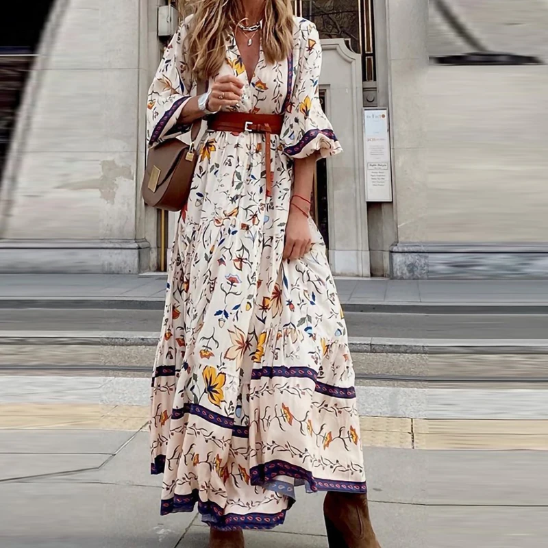 Women's High Waist Flare Sleeve Long Dress V-neck Sleeve 2021 Summer New Fashion Printed Bohemian Ladies Casual Long Dress
Women's High Waist Flare Sleeve Long Dress V-neck Sleeve 2021 Summer New Fashion Printed Bohemian Ladies Casual Long Dress