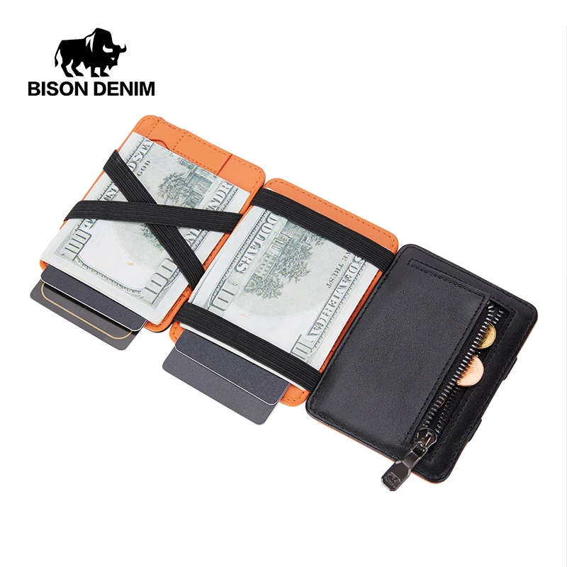 BISON DENIM Leather Magic Wallet for Men Trifold Slim Rifd Blocking Credit Card Holder with Coin Pocket Mini Purse W9725 | Багаж и сумки