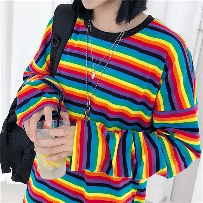 Casual Loose T-shirts Female Rainbow T Shirts Colorful Striped Long Sleeve O-neck Tops And Tees Female Fashion Tee Tops
Casual Loose T-shirts Female Rainbow T Shirts Colorful Striped Long Sleeve O-neck Tops And Tees Female Fashion Tee Tops