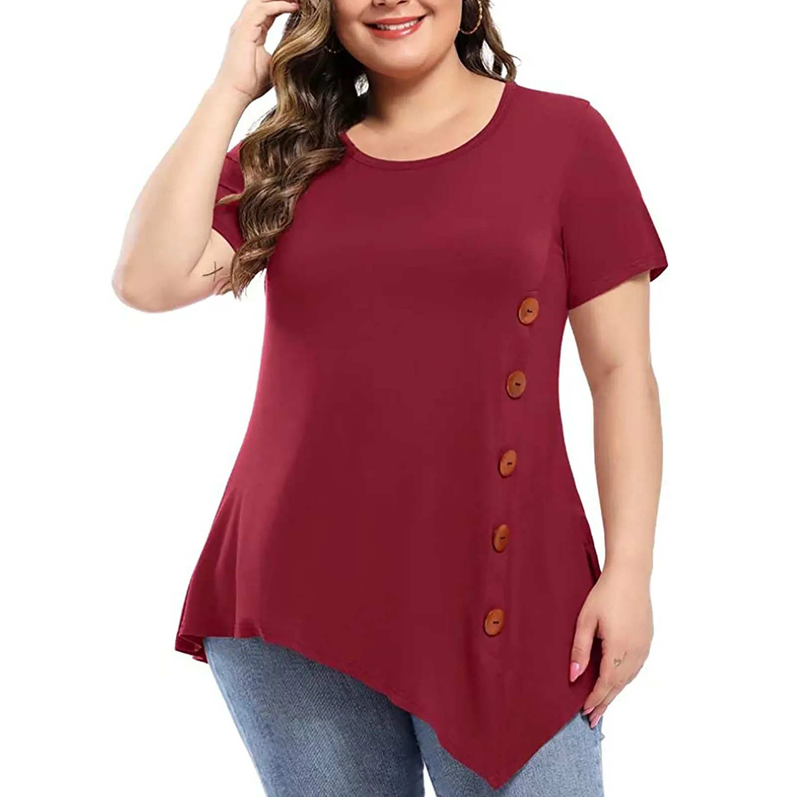 Womens Tops And Blouses Plus Size O-Neck Solid Button Short Sleeve Casual Tops T-Shirt Blouse Loose Pullover Tshirt Women Clothe
Womens Tops And Blouses Plus Size O-Neck Solid Button Short Sleeve Casual Tops T-Shirt Blouse Loose Pullover Tshirt Women Clothe