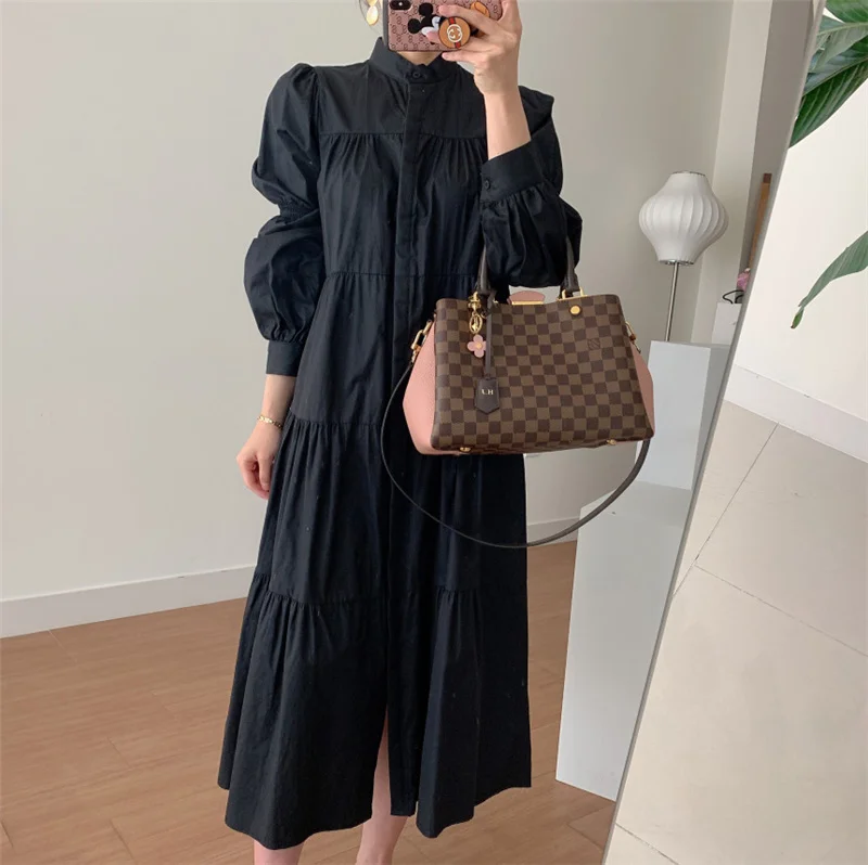 Qooth Stand-Up Collar Pleated Puff Sleeve Dress Single-Breasted Loose Long Sleeve Dress Womens Solid Causal Fashion Dress QT613
Qooth Stand-Up Collar Pleated Puff Sleeve Dress Single-Breasted Loose Long Sleeve Dress Womens Solid Causal Fashion Dress QT613