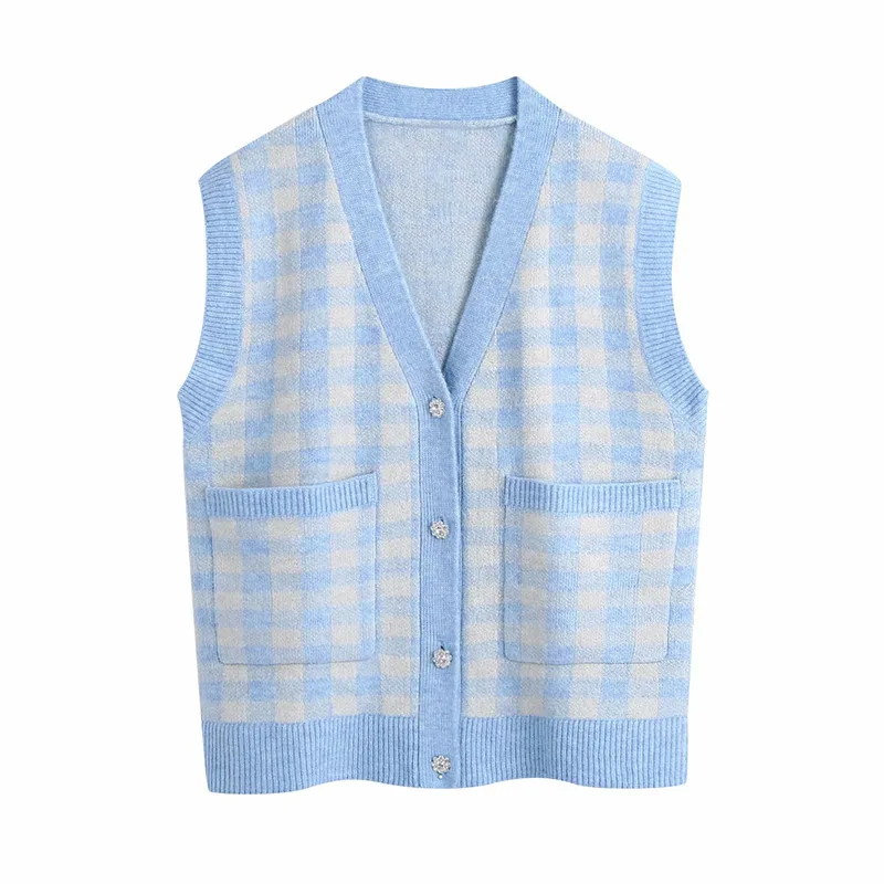 ZA Women Fashion Jewellery Button Za Knitted Sprint Cardigans Vest Feamle Casual Sleeveless V-Neck Plaid Blue Sweaters Chic
ZA Women Fashion Jewellery Button Za Knitted Sprint Cardigans Vest Feamle Casual Sleeveless V-Neck Plaid Blue Sweaters Chic