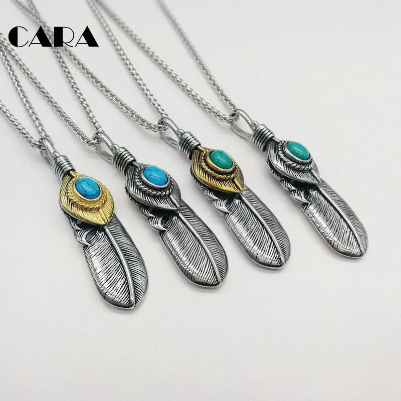 

2021 New Feather necklace 2 tone 316L Stainless steel marble stone feather pendant necklace Indian elements necklace CARA0357