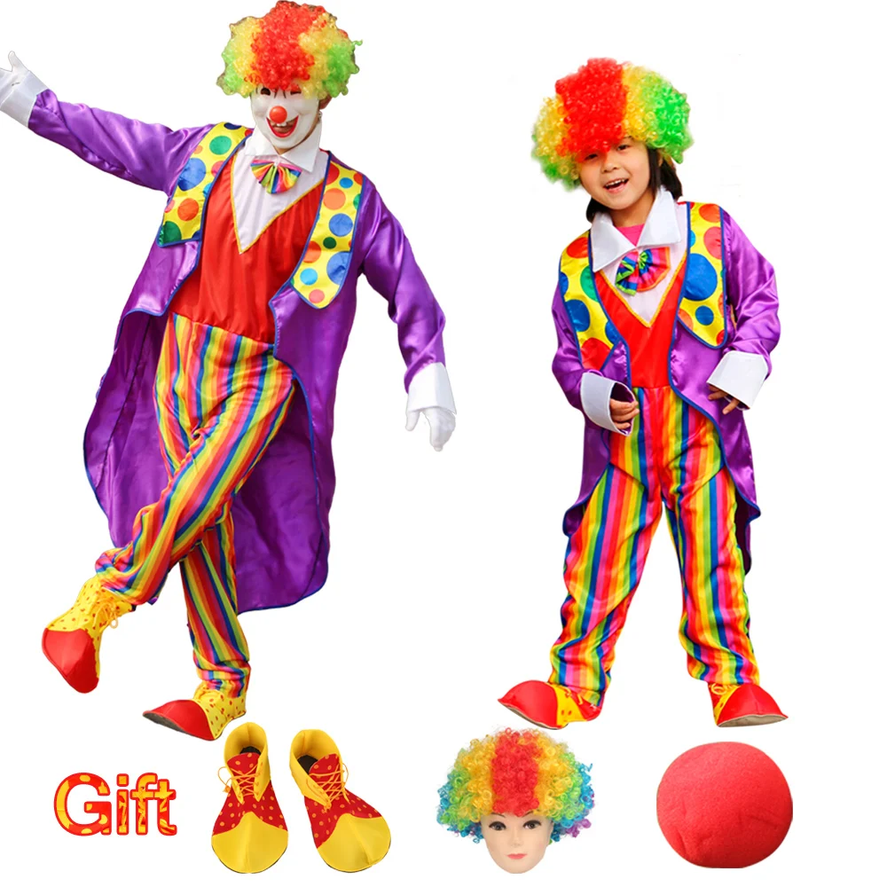 

Halloween Kids Circus Clown Costume with Wig Shoes Sponge Nose Naughty Fancy Cosplay Purim Christmas Party Dress Up