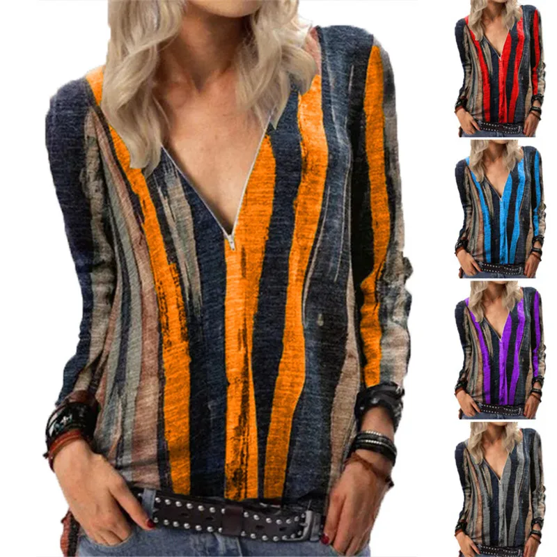 Autumn T-Shirt Women Fashion V-Neck Zipper Tie Dye Stripe Print Loose Casual Long Sleeve Ladies TShirt Female Plus Size 5XL Tops
Autumn T-Shirt Women Fashion V-Neck Zipper Tie Dye Stripe Print Loose Casual Long Sleeve Ladies TShirt Female Plus Size 5XL Tops