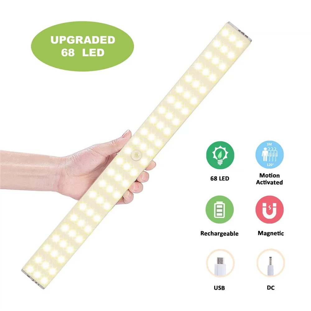 

Rechargeable PIR Motion Sensor 38/68 LED Closet Night Light Dimmable Under Cabinet Light for Cupboard Cabinet Kitchen Stairs