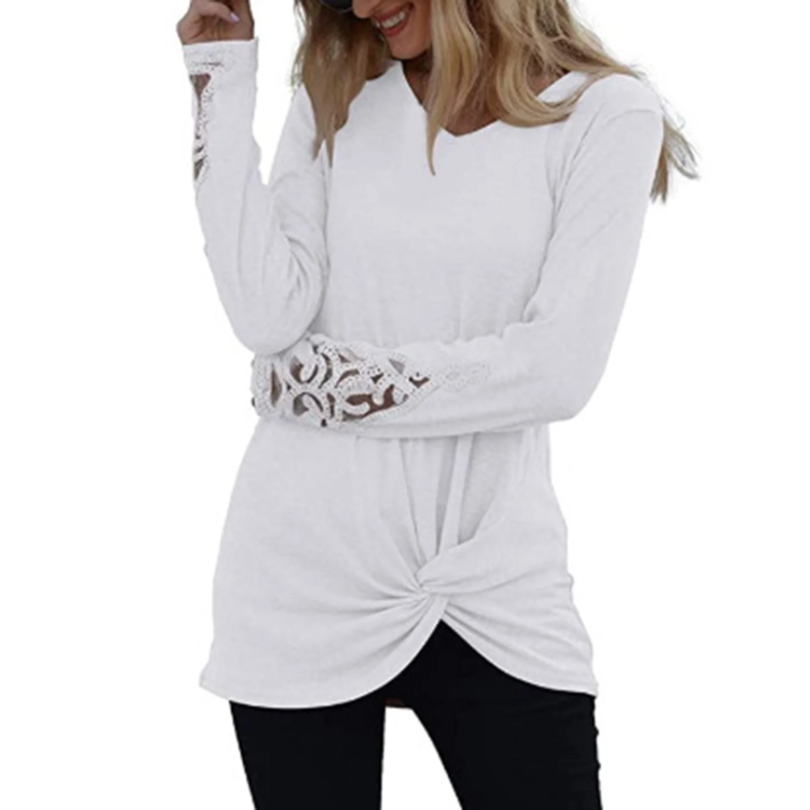 Women Autumn Lace Patchwork Long Sleeve V Neck Tunic Twist Knot Hem Blouse Top
Women Autumn Lace Patchwork Long Sleeve V Neck Tunic Twist Knot Hem Blouse Top