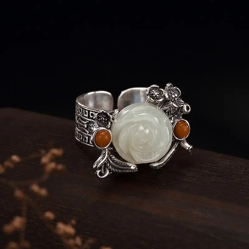 Antique Style S925 Sterling Silver Vintage Inlaid Hetian Jade White Jade South Red Rose Lady Silver Ring with Opening Personalit
Antique Style S925 Sterling Silver Vintage Inlaid Hetian Jade White Jade South Red Rose Lady Silver Ring with Opening Personalit