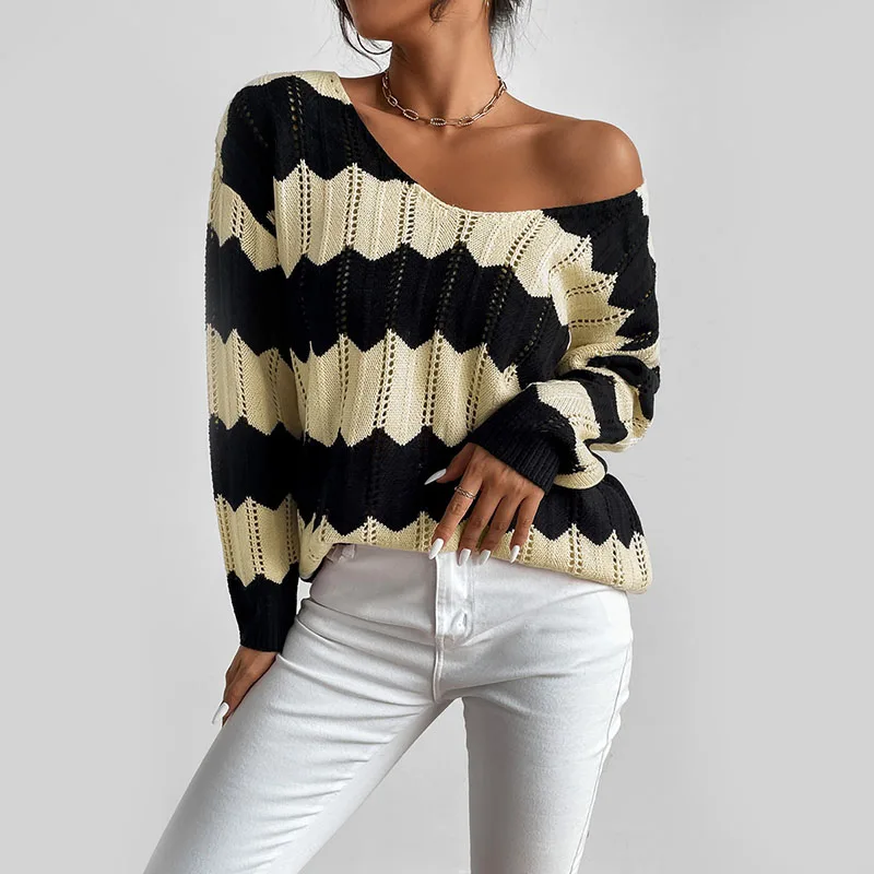 2021 Autumn and Winter New European and American V-neck Hollow Pullover Sweater Long-sleeved Sweater Women Striped Sweater
2021 Autumn and Winter New European and American V-neck Hollow Pullover Sweater Long-sleeved Sweater Women Striped Sweater