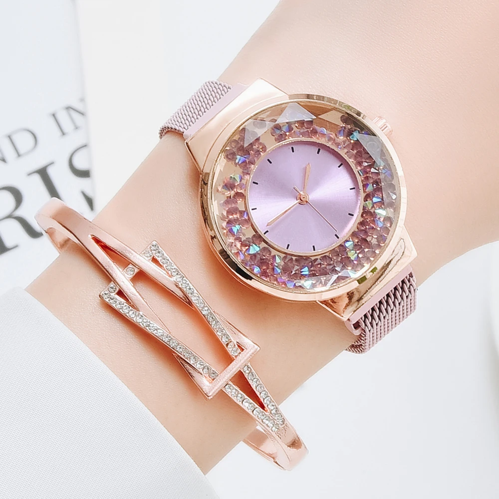 

Часы стразы женские кварцевые с магнитной застежкой, роскошные модные розовые наручные, для девушек