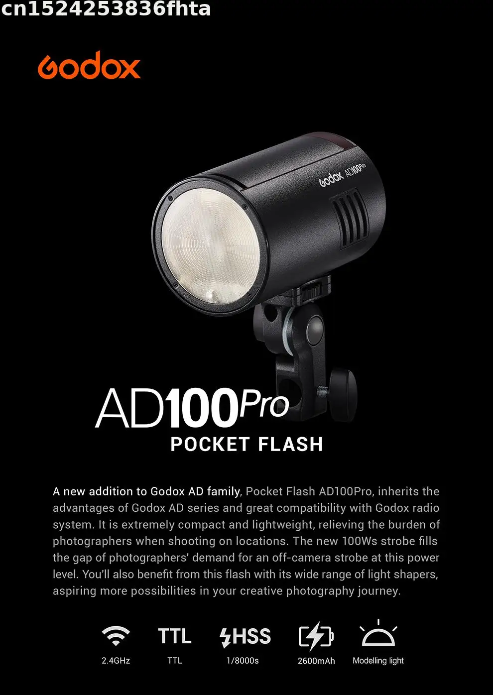 Godox AD100Pro 100Ws TTL 2.4G HSS 1/8000s Pocket Flash Light with 7.2V/2600mAh Lithium Battery 360 Full Power Flashes 0.01-1.5s
Godox AD100Pro 100Ws TTL 2.4G HSS 1/8000s Pocket Flash Light with 7.2V/2600mAh Lithium Battery 360 Full Power Flashes 0.01-1.5s