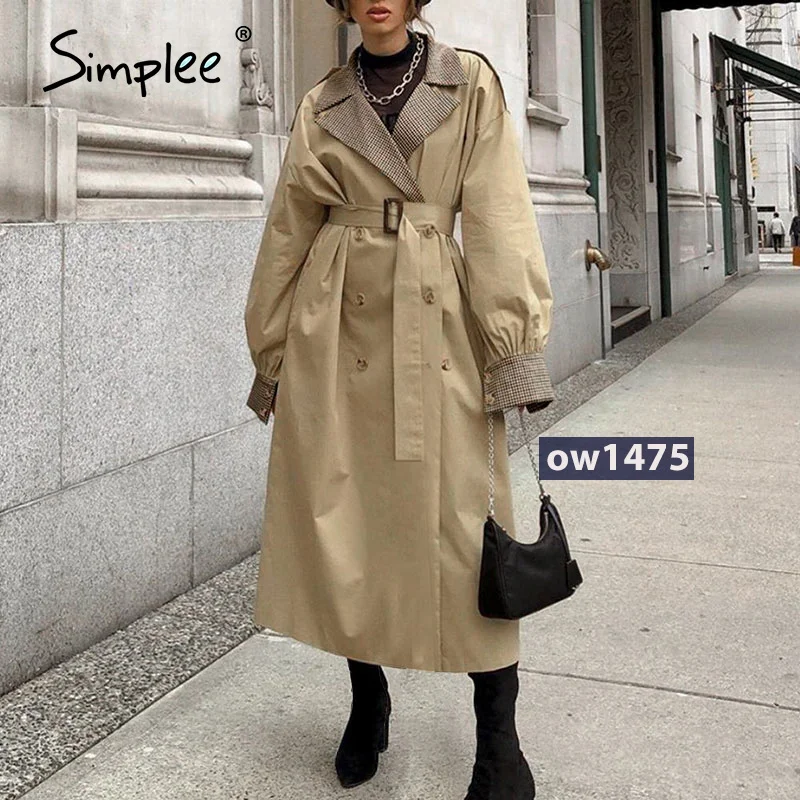 

2021Simplee Causal light tan autumn women trench coat Split joint elegant long sleeve coat Plaid long coat with belt windbreaker