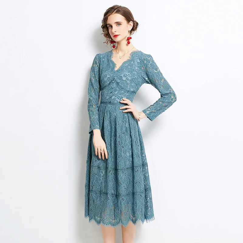 

Simgent Blue Lace Dress Womans V-Neck Hollow Out Long Sleeve Buttons A Line Elegant Daily Dresses Femme Robe Jurken SG19294