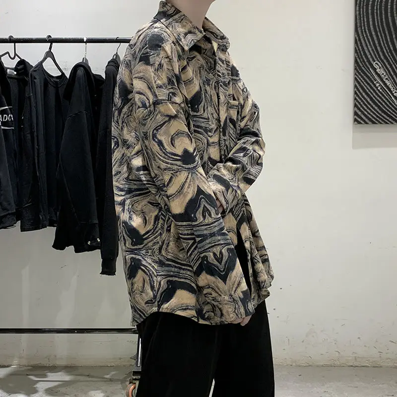 Men's long-sleeved shirts 2020 autumn and winter new handsome printed corduroy tops young people personality fashion clothing