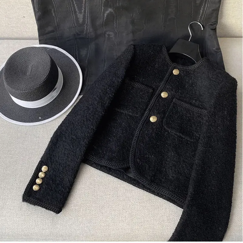 Женская твидовая куртка на пуговицах черная Элегантная с двумя карманами и