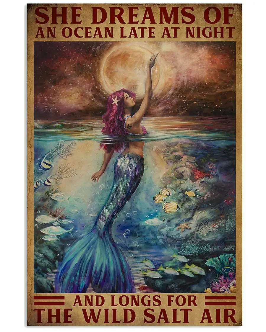 Винтажный металлический постер-Русалка She Dreams of An Ocean, плакат, железная тарелка, барный клуб, мужская пещера, украшение для стен дома
Винтажный металлический постер-Русалка She Dreams of An Ocean, плакат, железная тарелка, барный клуб, мужская пещера, украшение для стен дома
