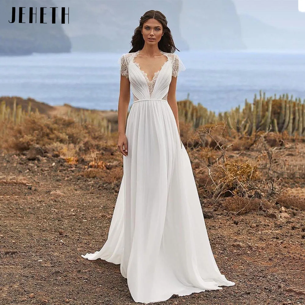 JEHETH Elegant Scoop Neck Chiffon Boho Wedding Dress 2021 A-line Lace Cap Sleeve Beach Bridal Bride Gown Robe De Mariée Custom
JEHETH Elegant Scoop Neck Chiffon Boho Wedding Dress 2021 A-line Lace Cap Sleeve Beach Bridal Bride Gown Robe De Mariée Custom