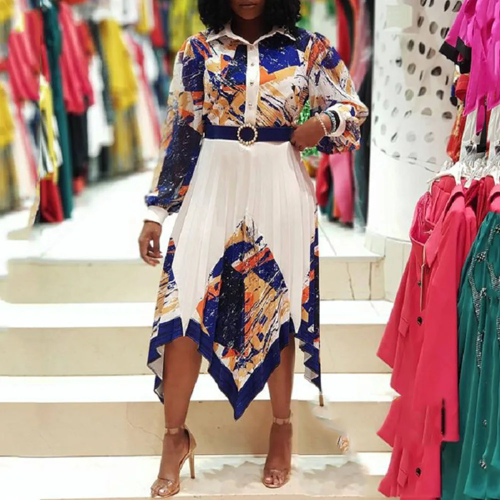 2021 Autumn New Women Dress Irregular Printing Lapel Long Sleeve Pleated High Waist Fashion Temperament Commute
2021 Autumn New Women Dress Irregular Printing Lapel Long Sleeve Pleated High Waist Fashion Temperament Commute