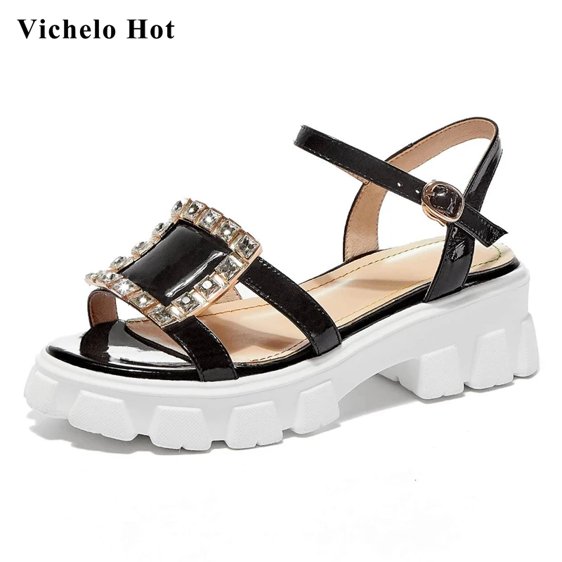 Vichelo Hot peep toe high heels thick bottom rhinestone square buckle fashion Korean street pretty girl dating sandals women L19 
Vichelo Hot peep toe high heels thick bottom rhinestone square buckle fashion Korean street pretty girl dating sandals women L19
