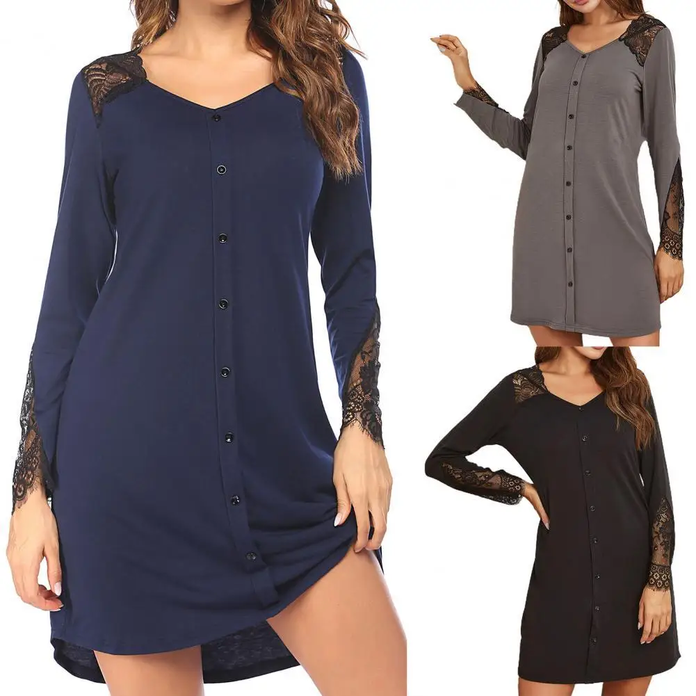 Sexy Women Nightgowns Spring Solid Lace Patchwork V-neck Long Sleeve Mini NightDress Underwear Women Night Gown Sleepshirts 2021
Sexy Women Nightgowns Spring Solid Lace Patchwork V-neck Long Sleeve Mini NightDress Underwear Women Night Gown Sleepshirts 2021