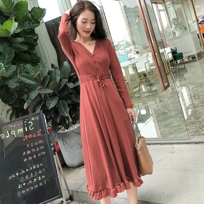 Women's Spring Autumn Style Dress Women's Button Solid Color Long Sleeve V-Neck Ruffles Korean Style Dress SS1348
Women's Spring Autumn Style Dress Women's Button Solid Color Long Sleeve V-Neck Ruffles Korean Style Dress SS1348