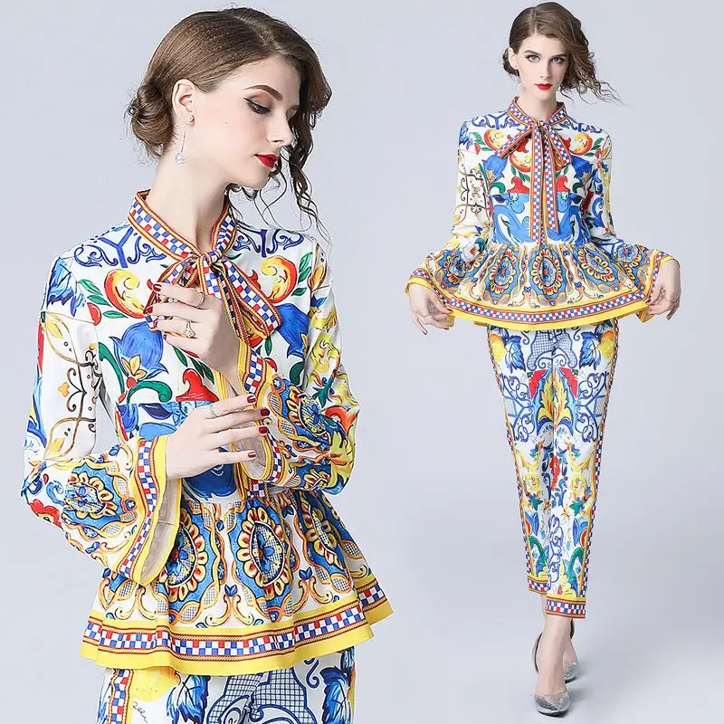 Women's Flare Sleeve Bow Collar Ruffles Pullover Top+Pencil Pants Two Pieces set Vintage Painted Print Runway Pants Sets 6103
Women's Flare Sleeve Bow Collar Ruffles Pullover Top+Pencil Pants Two Pieces set Vintage Painted Print Runway Pants Sets 6103