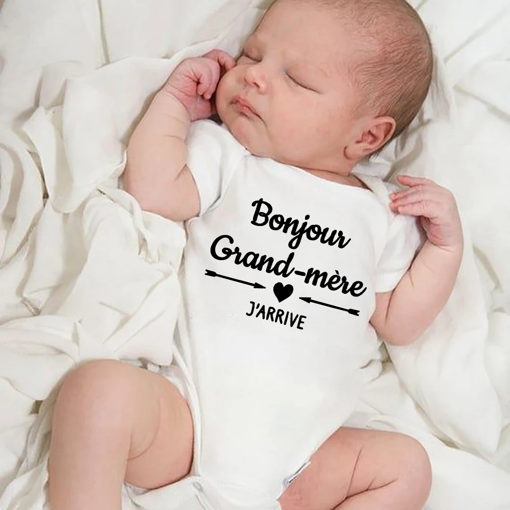 

Newborn Infant Bodysuits Bonjour Grand-mere J'arrive In French Funny Boy Girls Kid Crawling Jumpsuit Grandma Gift for Born Baby