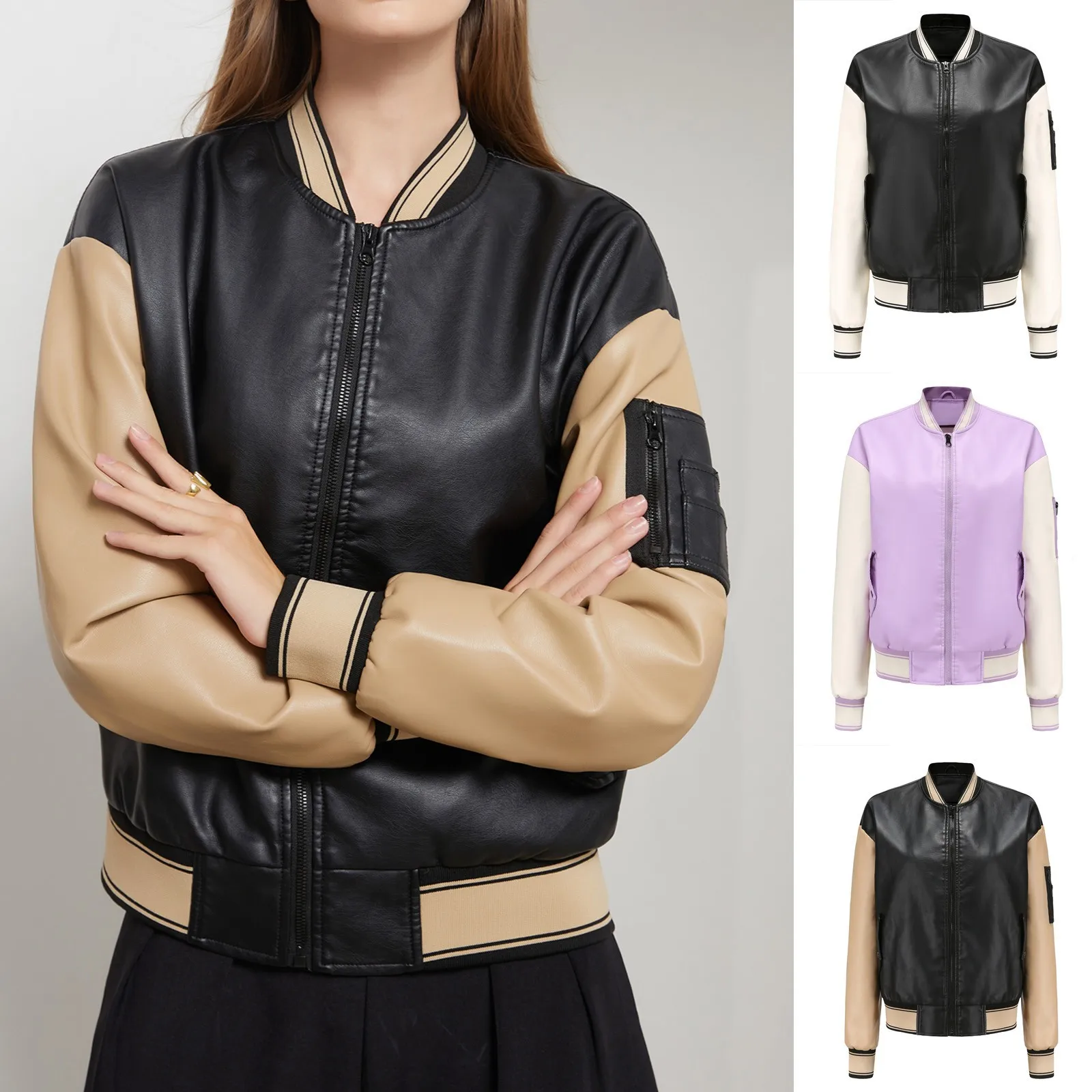 Women's Casual Jacket Solid Color-block Leather Pocket Baseball Uniform Loose Zipper Soft Jacket Coats
Women's Casual Jacket Solid Color-block Leather Pocket Baseball Uniform Loose Zipper Soft Jacket Coats
